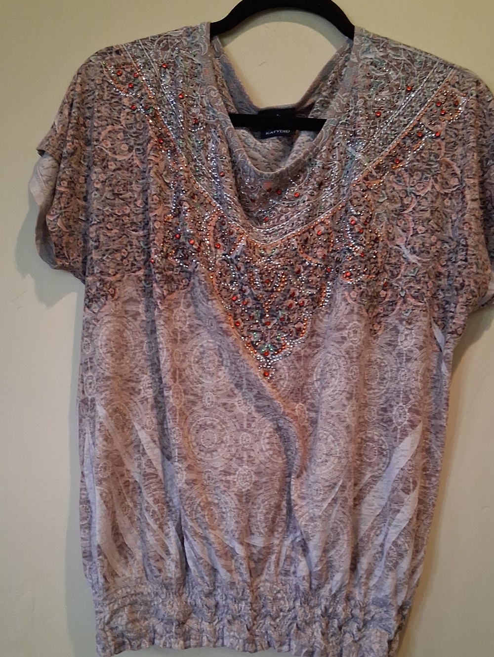 Embellished Beige Lace-Print Women's Top